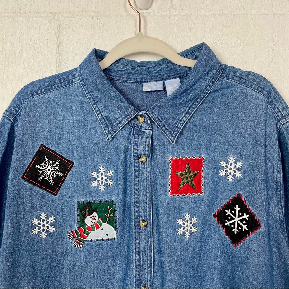 Holiday Editions Winter Denim Shirt Snowmen Snowflakes Grannycore Oversized 2X - Picture 2 of 12